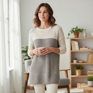 NWOT Apt.9 Taupe and Cream Open Knit Crochet Tunic Length Sweater Top